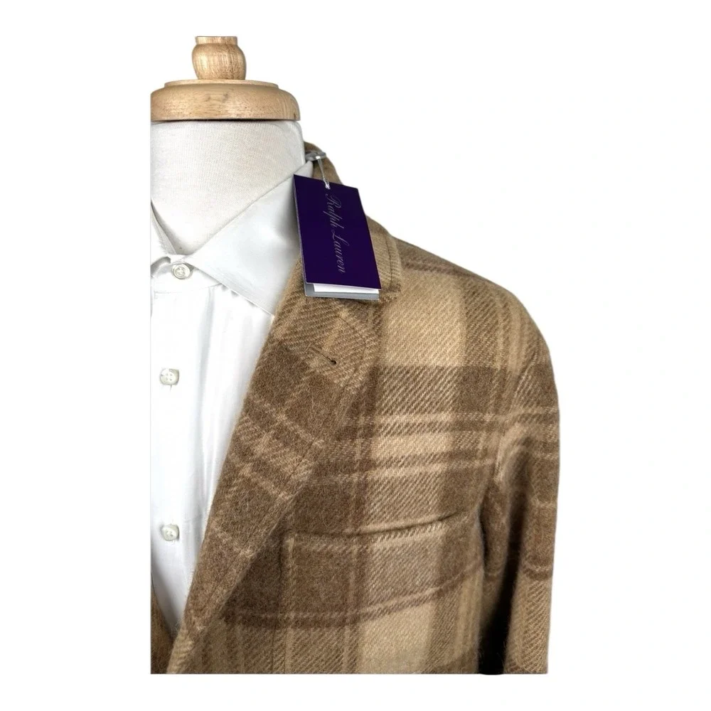 Ralph Lauren Purple Label Brown Check Shetland Wool Suede Trim Blazer 38R NWT